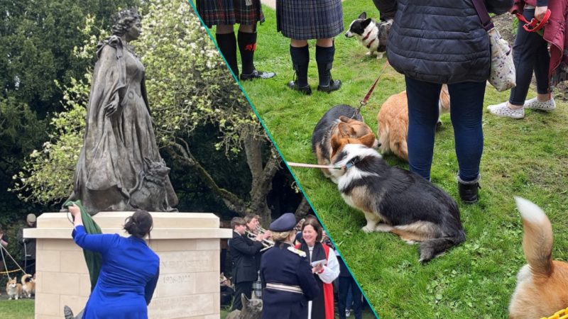 First memorial statue of Queen Elizabeth II unveiled in the UK with crowd of corgis watching