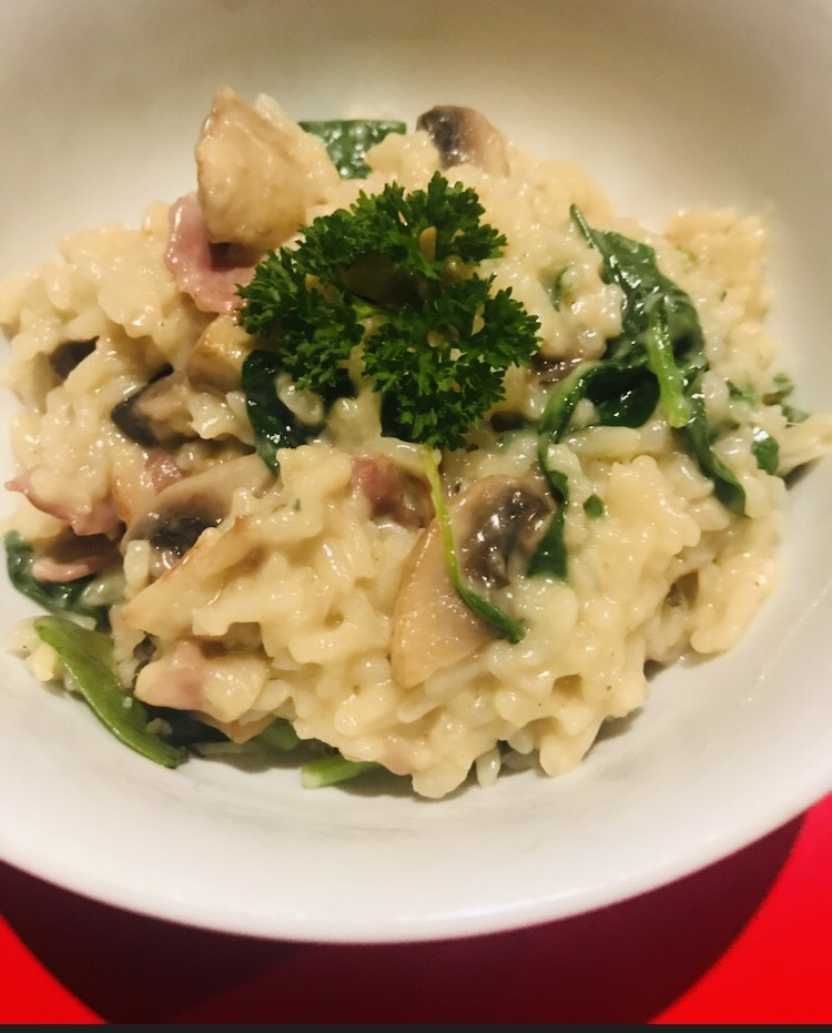 Oven Baked Mushroom Bacon & Spinach Risotto
