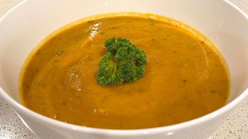 A bowl of homemade roasted vegetable soup