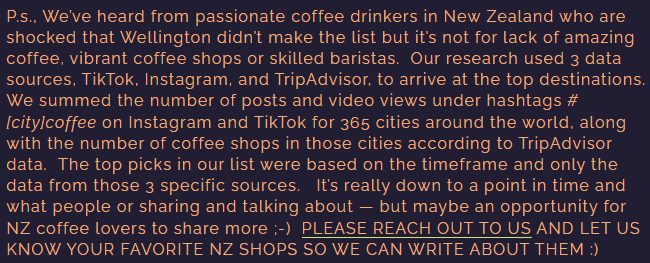 Coffee shops in Wellington shocked to be left off ranking of world's best coffee spots