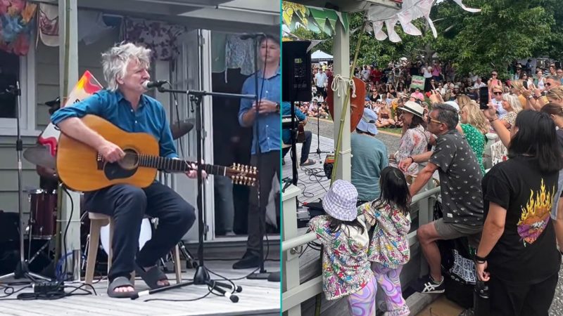 WATCH: Neil Finn's 'awesome' surprise performance at Auckland Market draws huge crowd